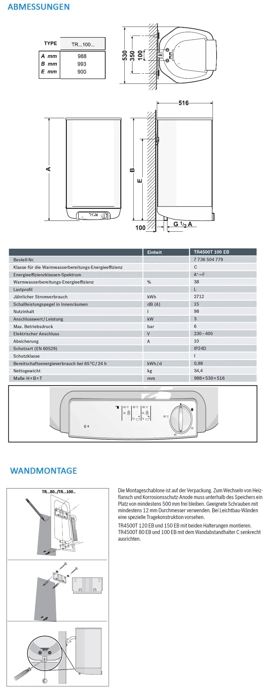 Wandspeicher von Bosch mit technischen Abmessungen und Montageanleitung. Enthält Informationen zu Energieeffizienz, jährlichem Stromverbrauch und Anschlusswert.